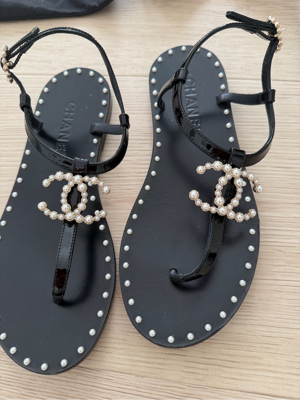 CHANEL Black Pearl-Accent T-Strap Sandals